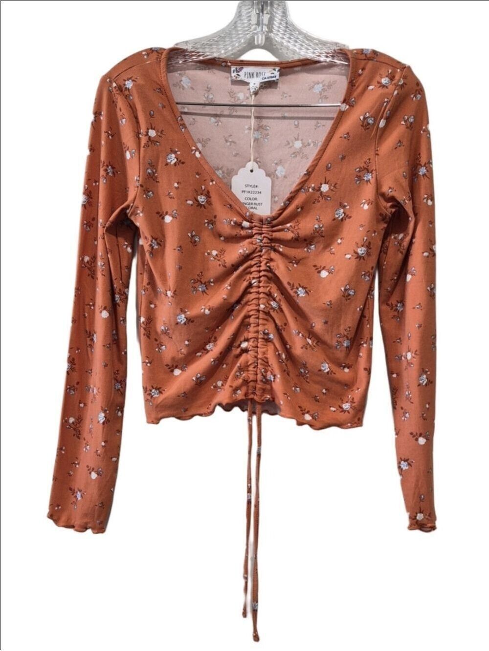 Pink Rose Rust floral long-sleeve top with center ruched drawstring.